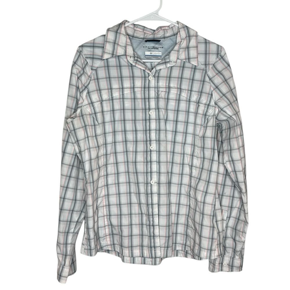 Columbia Women's Light Gray and Green Plaid Button-Down Shirt